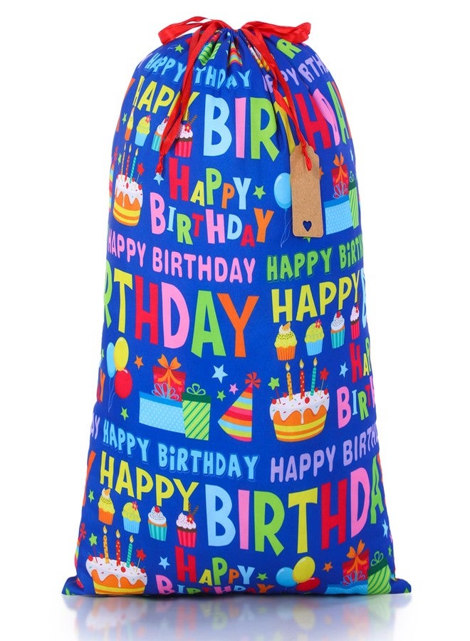 Pickmesh 1 Pcs Happy Birthday Drawstring Gift Bag 20 x 28 Inch Extra Large Baby Shower Bag Reusable Fabric Blue Baby Shower Wrapping Pouch for Gender Reveal Gift Wrapping Decoration(Blue Birthday) - Image 1